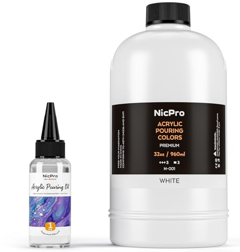 Nicpro Titanium White Color Acrylic Pour Paint, 33.8 Ounce Pre-Mixed Pouring Paint Supplies with Silicone Pour Oil & Gloves for Canvas, Rock, Wood Cell Creation Flow DIY Art Painting, Ready to Pour