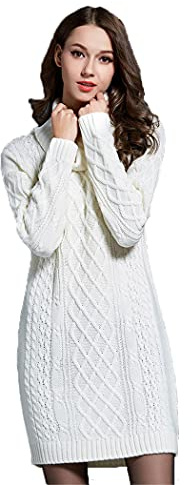 HZQIFEI Robe Pull Femme Automne-Hiver à Col Haut Mi-Longue Chandail Pull Slim Fit