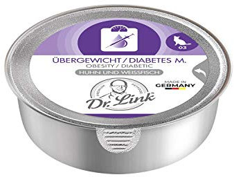Dr. Link Spezial-Diät Katzenfutter für Katzen & Kater, bei Übergewicht, Proteinquelle Huhn & Weißfisch, Kartoffel – Kalorien- und fettreduziert, ohne Zuckerzusatz, L-Carnitin - 12x85g Schale