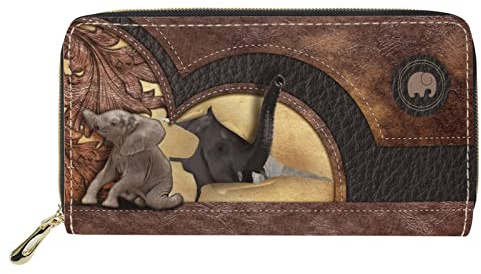 Dolyues Lange Damen-Geldbörse aus PU-Leder mit mehreren Fächern, Kreditkartenfach mit Reißverschluss, Münzgeldbeutel für Damen, Elefanten-Design, Klassisch