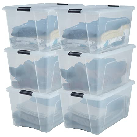 Iris Ohyama, Boite Rangement Plastique avec Couvercle, 45L, Lot de 6, Transparent, Clips de Fermeture, Poignée, Empilable, Organisation Solide & Durable, pour Chambre, Dressing, Bureau, DDNTB-45