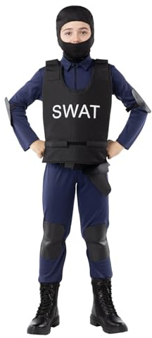 Funidelia Disfraz de SWAT para niño, Mono, chaleco, coderas, rodilleras, pasamontañas y cinturón con cartuchera, Guardia, Agente, Traje para niños para fiestas, Carnaval y Halloween - Talla 10-12 años
