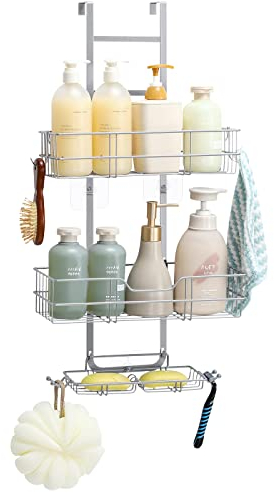 Shinoske Mensola Doccia Portaoggetti Doccia da Appendere, 2 livelli di mensola per doccia senza foratura, Antiruggine Acciaio Portaoggetti Bagno Accessori Bagno con Portasapone Ganci (Argento)