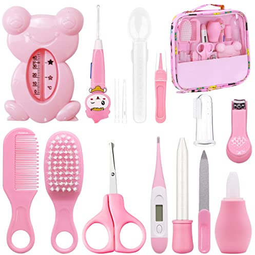VicBou 13pcs Baby Grooming kit, Newborn Baby Care Accessories with Bag, Baby Hair Nail Thermometer Care Set, Baby Healthcare Set for Newborn Infant, Toddler Girls & Boys