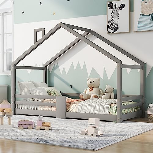 Zelquyx Hochwertiges Hausbett 90x200cm für Mädchen & Jungen - Kiefernholz Kinderbett mit rausfallschutz und stabilem Massivholzrahmen (hellgrau)