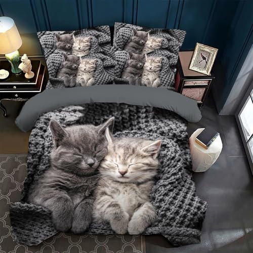 VTRXEG Copripiumino Matrimoniale 200x200 Gatti,3D Set Di Biancheria Da Letto Per Gatti Carino 3 Pezzi,Incluso1 Copripiumino E 2 Federe 50 X 75 Cm (A,200x200cm)