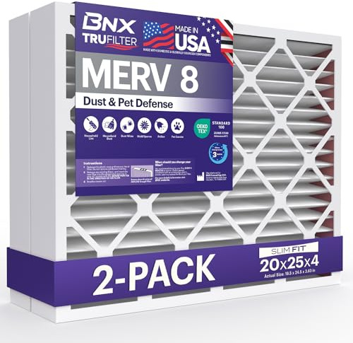 BNX TruFilter 20 x 25 x 4 (19,5 tum x 24,5 tum x 3,63 tum smal passform) MERV 8 luftfilter 2-pack - TILLVERKAD I USA - Luftkonditioneringsugnsfilter HVAC ugnsfilter för damm, husdjur, form, Pollen