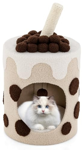 COSTWAY Kratzbaum Kratztonne, Niedliche Milchteeform, Katzenbaum mit Sisalpfosten & Spielbällen, Katzenkratzbaum mit Höhle, Spieltonne für Katzen, Katzenmöbel Kratzturm, 37x37x67cm (Kaffee)