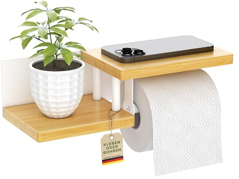 ElbFuchs® Toilettenpapierhalter Holz Bambus [KLEBEN oder Bohren] | hochwertiger Klopapierhalter ohne Bohren mit Ablage | weiß | Klorollenhalter | WC Rollenhalter