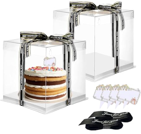 Vebetter 2pcs Boite a Gateau Transparente Boite Layer Cake Boite de Transport Gateau 18 x 18cm Réutilisable Boîte à Gâteaux en Plastique avec Ruban pour Gateau et Présentoir à Dessert, 4 inch.