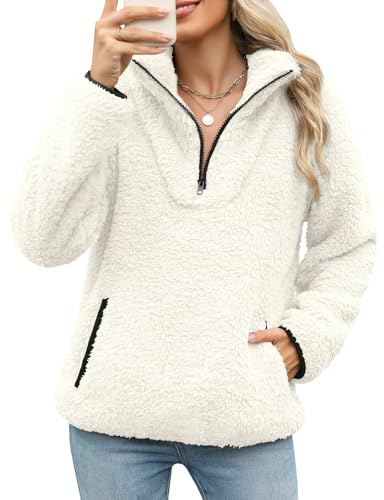 Tuopuda Sudaderas sin Capucha con Cremallera Mujer Jersey de Forro Polar Suelto Sólido Manga Larga Suéter con Bolsillos Sudadera Caliente y Esponjoso Chaquetas Tops Otoño Invierno