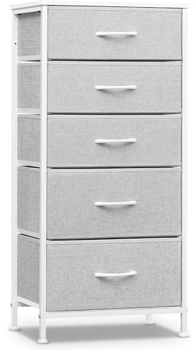 WOLTU Kommode mit 5 Schubladen aus Stoff, Kommodenschrank Sideboard Schubladenschrank, für Schlafzimmer Wohnzimmer Flur, aus Metallrahmen Holzwerkstoff, Taubengrau-wolkenweiß