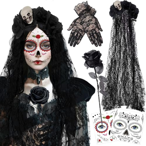 TIGcccwe Cerchietto Giorno dei Morti Rose,100CM Velo per Halloween con Rose,Guanti e Tatuaggi per il Viso di Halloween per Accessori per Costume di HAlloween per il Viso Donna