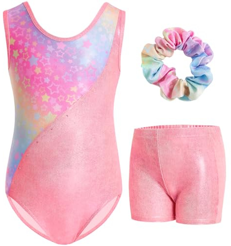 Gogokids Conjunto de Gimnasia de Tres Piezas para Niñas con Pantalones Cortos, Maillot de Gimnasia sin Mangas para Niños con Piedras de Imitación, Traje de Gimnasia Brillante para Niñas con Diseño de