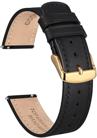 Ayadoo 22 mm klockarmband i toppkornigt läder, svart Crazy Horse-läder, utbytesarmband med guldspänne, snabbfrigörande