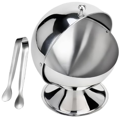 Mtucegi Set di ciotole sferiche in acciaio inox per zucchero e pinze, con coperchio arrotolabile, contenitore per spezie da cucina, decorazione per tavolo da pranzo