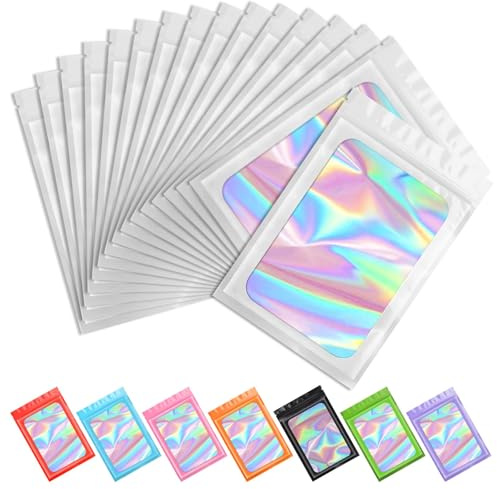 Funfery 100pcs White Mylar Holographic Bags Packaging Bags for Food Storage | 2.4x3.9Inch Clear Resealable Bag Foil Pouch Bag and Lipgloss,Jewelry,Eyelash Packaging for Small Business