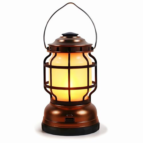 Vintage LED Camping Lantern, 2 Modes (White Light & Flame Effect), Dimmable, USB Output Portable Rechargeable Lamp for Outdoor, Emergency, Home & Decorative Use – 15cm x 10cm