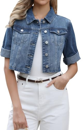 Allegra K Veste en Jean Femme Boutonné Col Rebattu et Manches Courtes | Blouson Court en Denim Coupe Décontractée