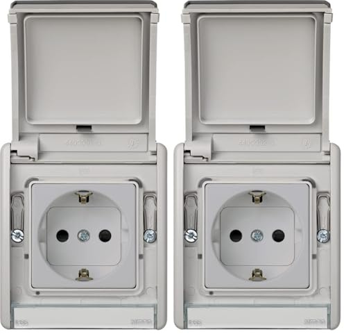 SIMON - Base de Enchufe Exterior, Estanco Toma Schuko, Serie Simon 44 Aqua, 250V 16A, Enchufe de empotrar, Fácil de Instalar, Incluye Caja, Tapa y Mecanismo, Color Gris (Paquete de 2)