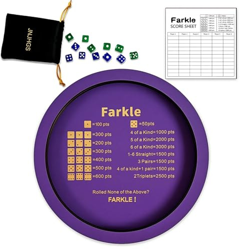 JNJHGS Farkle Dice Tray, Farkle Dice Game with 12 Wooden Dice Tray, 2 Sets of Dice and 50 Sheet Scorepad for The Classic Family Game (Purple)