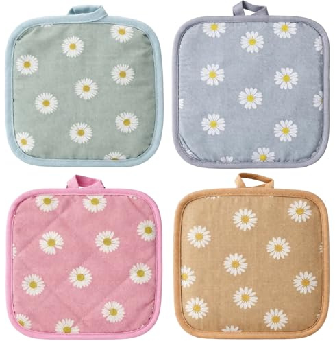 QyueQyat Pot Holders Heat Resistant Set of 4, Oven Cloths with Daisy Design, 17 X 17 Cm Kitchen Accessories in Pink Blue Green Yellow Colours, Durable and Protective for Hot Surfaces