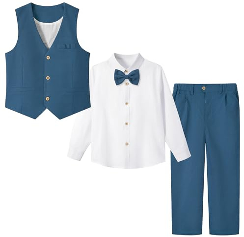 LOLANTA 4PCS Traje de Boda para PAJE Niño, Conjunto de Chaleco y Pantalón Lino para Niños, Ropa de Bautizo Ceremonia Fiesta, Chaleco+Pantalón+Camisa+Pajarita