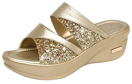 Genérico Sandalias De Cuña Mujer Verano - Sandalia Elegante Y Cómodo Tacón Plataforma Fiesta De Baile Calzados Casual Lentejuelas Rhinestone Zapatos De Tacón Cuña, dorado, 40 EU