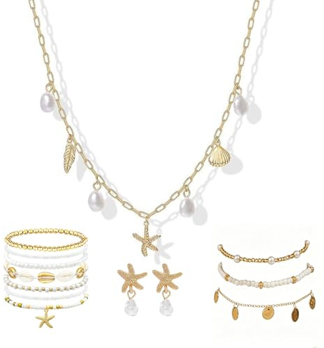 ZPLASK 7 Starfish Bracelet with 3 Anklet Pair Starfish Earrings Necklace, Exquisite Seashell Necklaces, Summer Jewellery Shell Necklace for women Holiday Jewellery Beach Outings