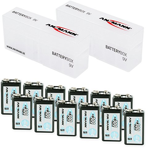 ANSMANN Rechargeable 9V Battery 300mAh pre-Charged Low Self Discharge 9Volt NiMH Rechargeable Battery (12-Pack) + 2X Batterybox for 9V