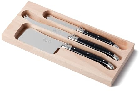 Andre Verdier Laguiole 3 Piece Cheese and Butter Knife Set in Wooden Display Tray/Gift Box - Black