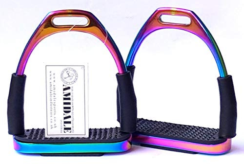 Amidale RAINBOW FLEXI SAFETY STIRRUPS HORSE RIDING BENDY IRONS S. STEEL BNWT 4.00 INCHES AND 4.75 INCHES (4.00 INCHES)