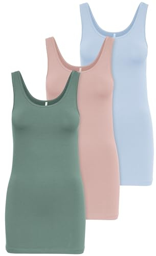 ONLY 3-pack damtoppar grundläggande linne i vitt, svart, grå, blå, grädde dam-t-shirt långa sommartoppar 15201465, Farbmix 2, M