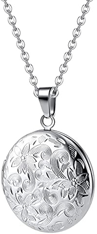 TOFBS Collar Foto Locket Personalizado Redondo Guardapelo Locket para Mujeres Collar Acero Inoxidable latón de Regalo Romántico Estampa Flores Joyería Personalizada Memorial para Madre (plateado)
