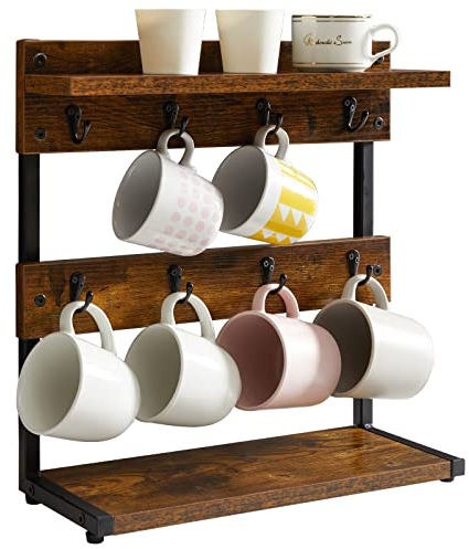 IBUYKE Support rustique pour tasses à café à 2 étages avec base de rangement, porte-tasses vintage pour cuisine, peut contenir 8 tasses, marron rustique TBJ002H