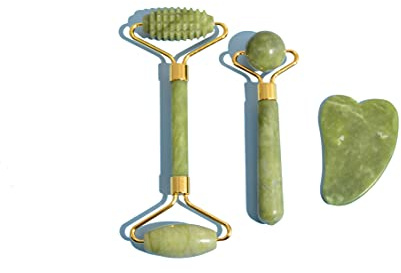 3 in 1 Jade Roller & Gua Sha Set - Natural Jade Facial Massager with Textured Roller, Anti Aging Skincare Tools for Face, Eye, Neck Massage, Promote Serum Absorption, Bester Gift for Women & Men
