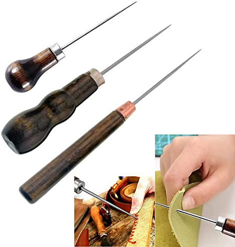 3 Piezas Punzón Madera Punzón de Cuero, Punzón con Mango de Madera, Punzón de Costura, Aguja Artesanal de Cuero, para Coser Cuero, Cuero Hecho a Mano, Bricolaje, 3 Formas
