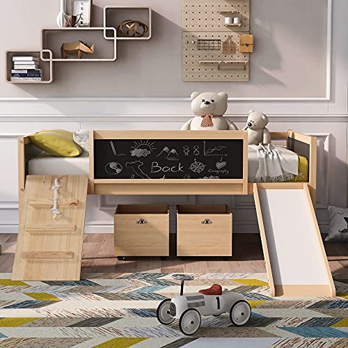 CITYLIGHT Twin Kids Loft Bed with Slide & Climbing Frame & 2 Toy Boxes & Chalkboard,Wood Low Loft Bed Frame with Safety Guardrails and Under-Bed Play Space for Boys Girls,No Box Spring Needed,Natural