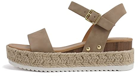 Soda CLIP ~ Women Open Toe Ankle Strap Platform Espadrille Sandal (Dark Natural Nubuck, 7.5)