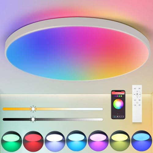 LED-taklampa IP44, 12 tum, 24 W, smart RGB-taklampa med fjärrkontroll, badrumsbelysning, 3000–6500 K, 2520 lm, för vardagsrum, sovrum, kök och hall, rund, vit