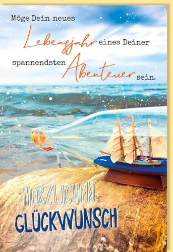 Skorpion Geburtstagskarte für Männer: Nautisches Abenteuer mit Schiff in Flasche, Perfekt für Segel- und Meerliebhaber, Stilvolle Deko in Blau & Gold - mit Umschlag