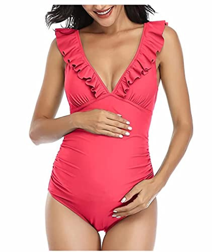 Maillot de Bain Grossesse Femmes Une pièce Bikini Maternité Col en V Maillot de Bain Enceintes avec Coussinet de Poitrine Amovible Froncé Vetement de Plage Piscine Source Thermale Swimwear