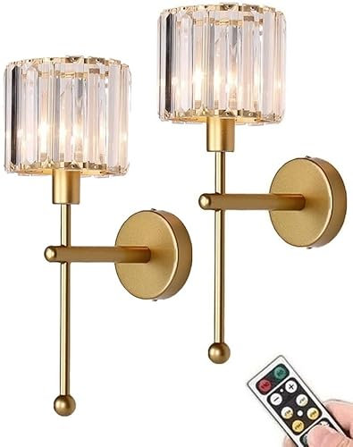 Non Hardwired Wall Sconces Battery Operated Wall Lights set of 2, Wireless Glass Wall Lighting Fixture with Remote & Rechargeable Bulbs, No Wires Lamp for Living Room Bedroom Bathroom Porch Corridor (