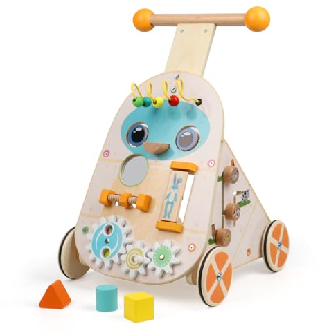 Jacootoys hölzerne Aktivität Walker, einstellbare Geschwindigkeit Kleinkind Push Walker Activity Center Spielzeug, hölzerne Baby Walker Push und Pull Learning Walker für Jungen Mädchen 1 2 3 Jahr