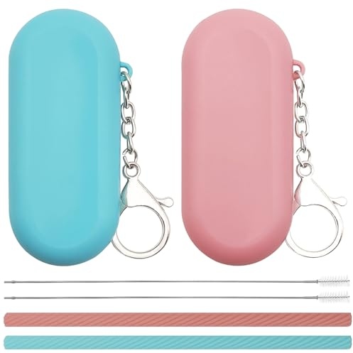 2 Set di Cannucce in Silicone, Cannucce Riutilizzabili in Silicone, Straw da Bere Portatili + Cannucce Spazzola di Pulizia Profonda + Custodia Con Portachiavi, per Viaggi e Festa Fredda o Calda Paglia