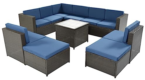 Grupo de asientos seccionales de ratán de 9 piezas, silla de jardín para patio al aire libre, juego de sofá de conversación seccional de mimbre marrón, ratán de bambú de imitación con fundas de almoha