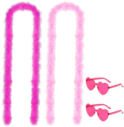 Feather Boa,2 PCS Artificial Fluffy Boas Feather Boas Multipack,Pink Feather Boa with Frameless Sunglasses,Feather Boas For Parties,Celebrations,Stage Performances,And Photo Shoots(Pink+Rose Red)