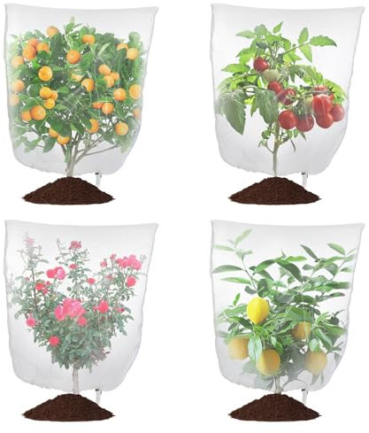 Fippy 4 bolsas de red de jardín, 2.3 x 3.3 pies, malla de barrera para pájaros con cordón, red de insectos para árboles frutales con cremallera, cubierta de red de arbustos de arándanos