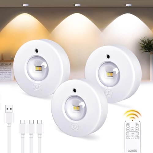 Under Cabinet Kitchen Rechargeable Wireless Puck Lights With Remote, 3 Color Temperatures Battery Operated LED Dimmable Push Lights, Round Stick-on Display Shelf Cupboard With Timer, 3 Pack