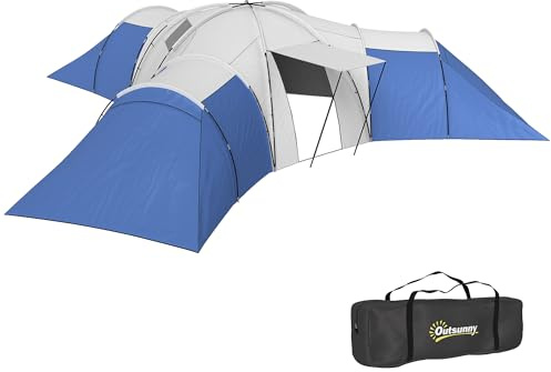 Outsunny Grande tente tunnel pour 6 à 9 personnes avec 3 chambres, salon et porche, tente de camping étanche de 2 000 mm, portable avec sac, pour la pêche, la randonnée, le festival, bleu